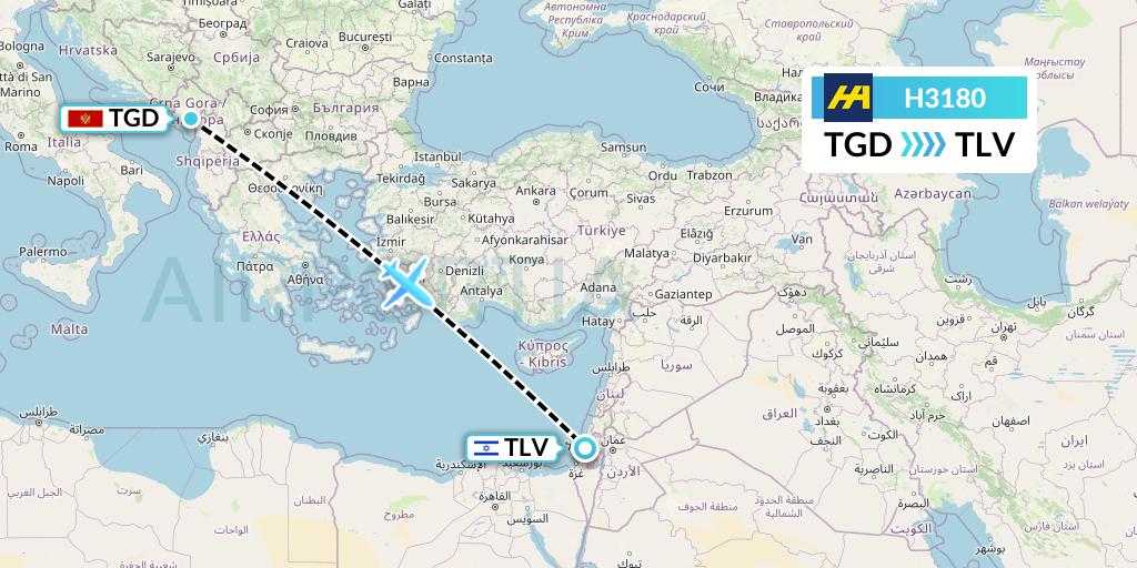 H3180 Harbour Air Flight Map: Podgorica to Tel Aviv