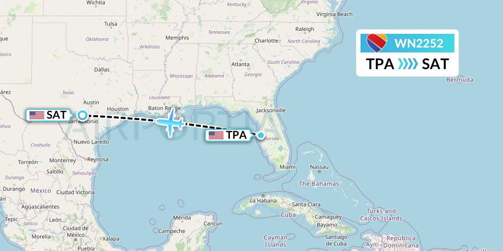WN2252 Southwest Airlines Flight Map: Tampa to San Antonio
