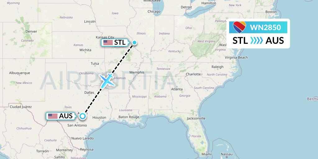 WN2850 Southwest Airlines Flight Map: St. Louis to Austin