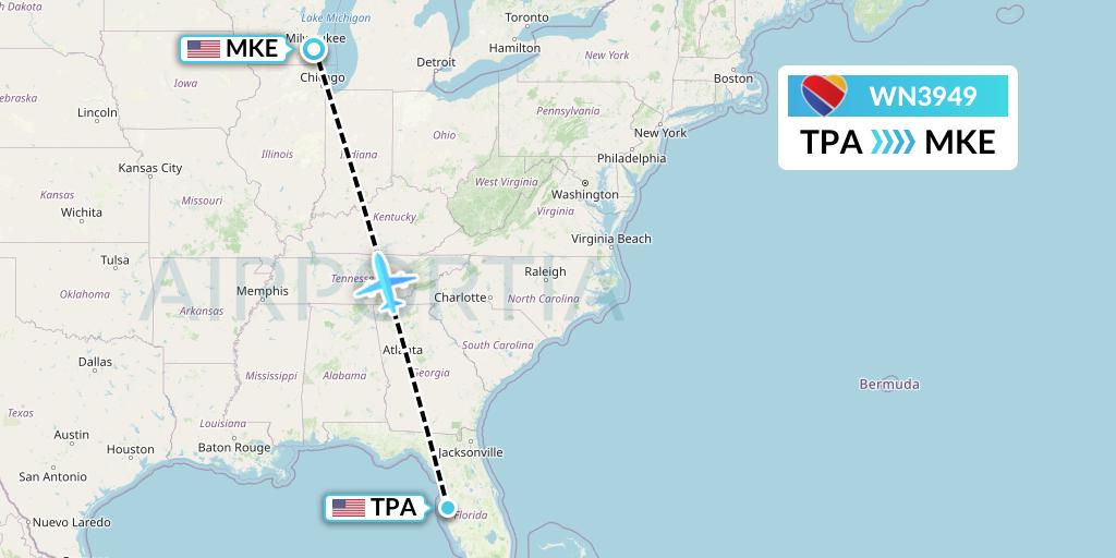 WN3949 Southwest Airlines Flight Map: Tampa to Milwaukee