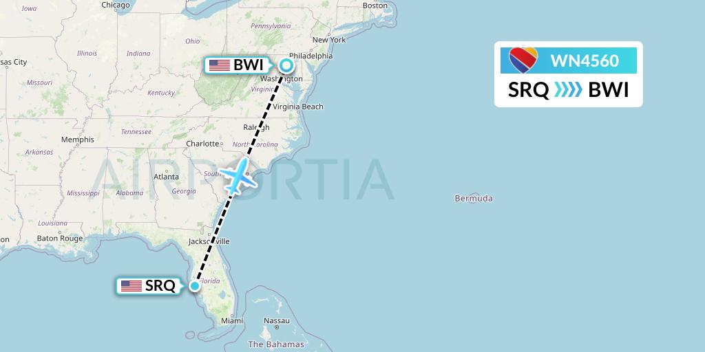 WN4560 Southwest Airlines Flight Map: Sarasota to Baltimore
