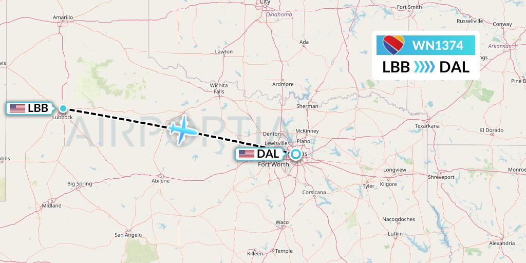 WN1374 Southwest Airlines Flight Map: Lubbock to Dallas