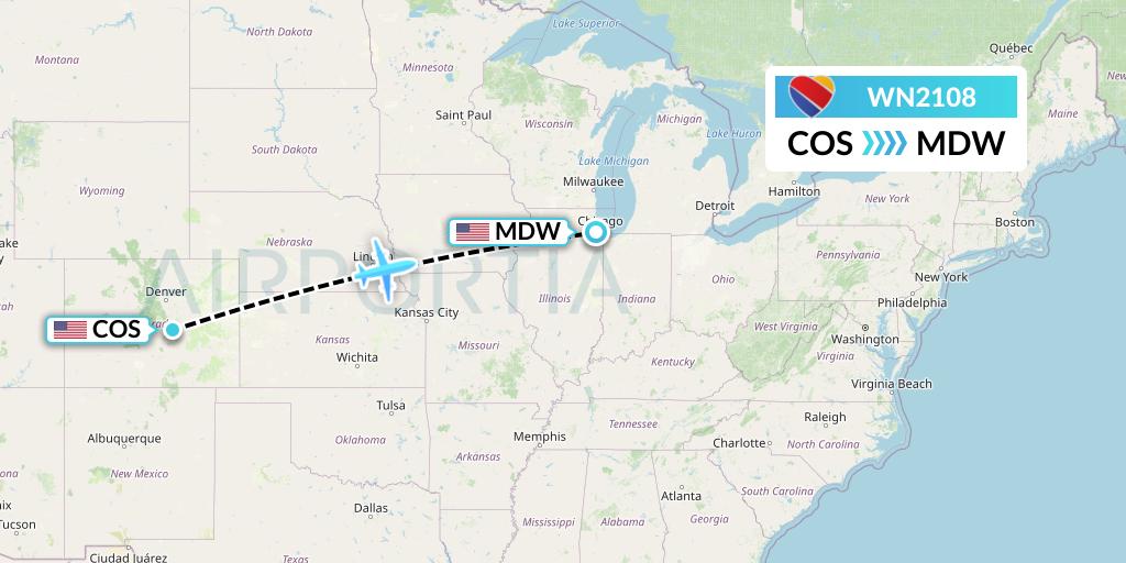 WN2108 Southwest Airlines Flight Map: Colorado Springs to Chicago