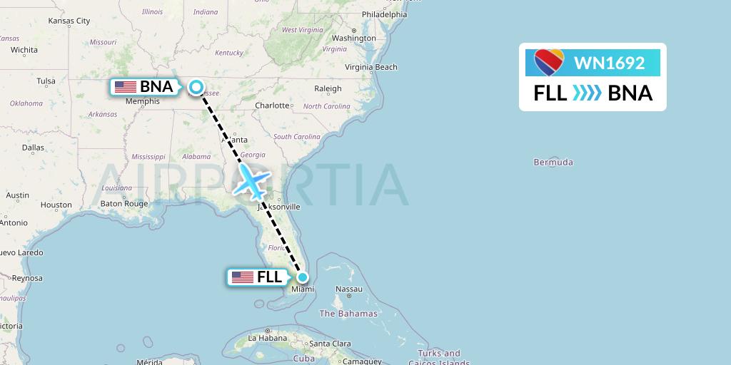 WN1692 Southwest Airlines Flight Map: Fort Lauderdale to Nashville