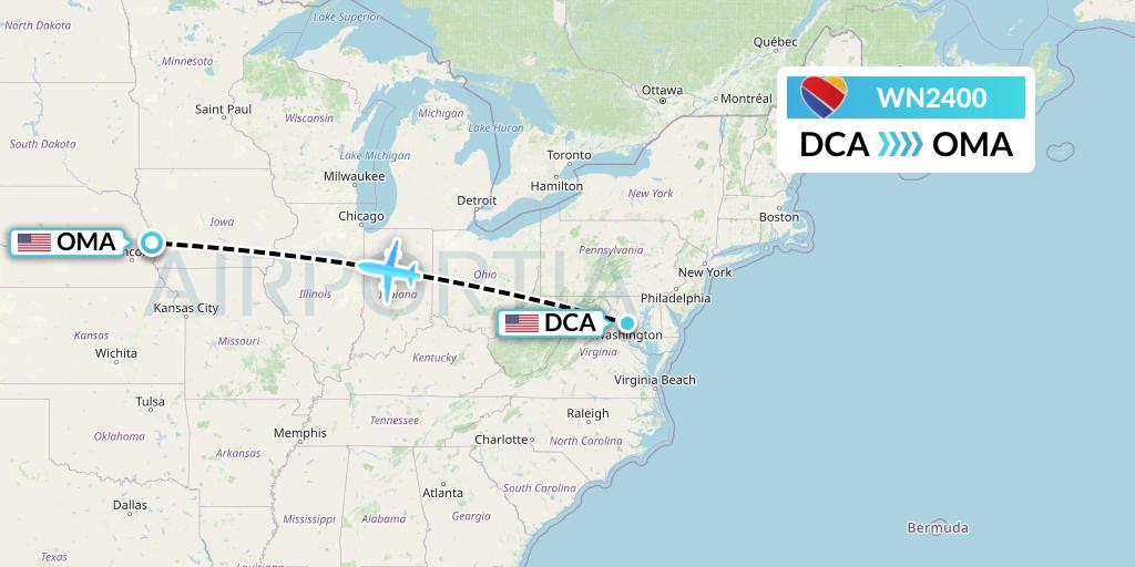 WN2400 Southwest Airlines Flight Map: Washington to Omaha