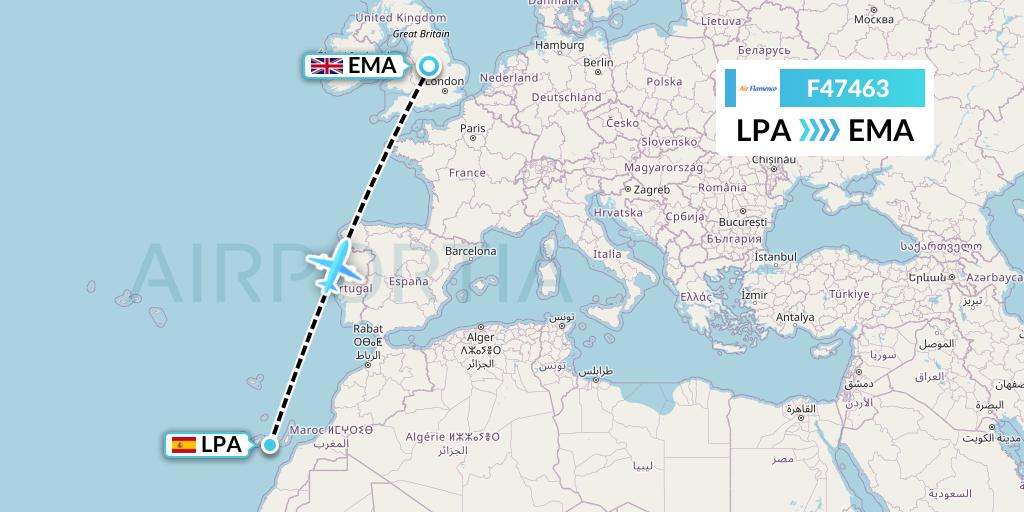 F47463 Air Flamenco Flight Map: Las Palmas to East Midlands