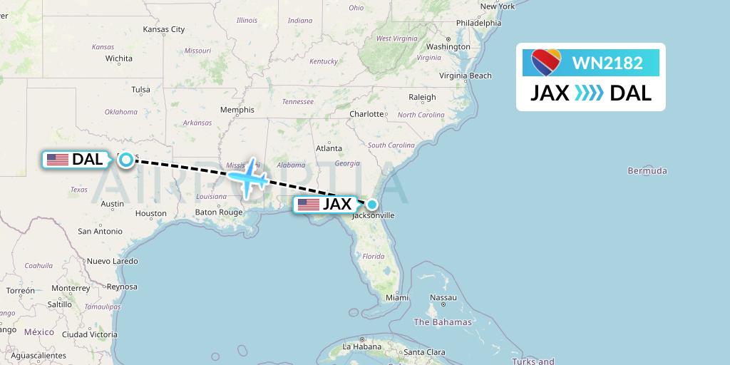WN2182 Southwest Airlines Flight Map: Jacksonville to Dallas