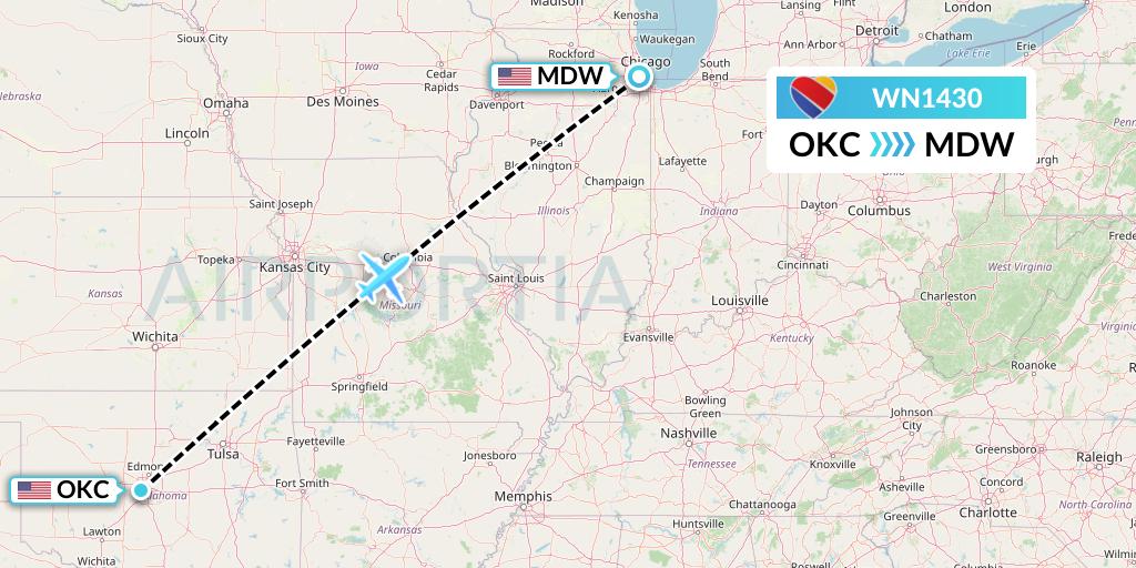 WN1430 Southwest Airlines Flight Map: Oklahoma City to Chicago