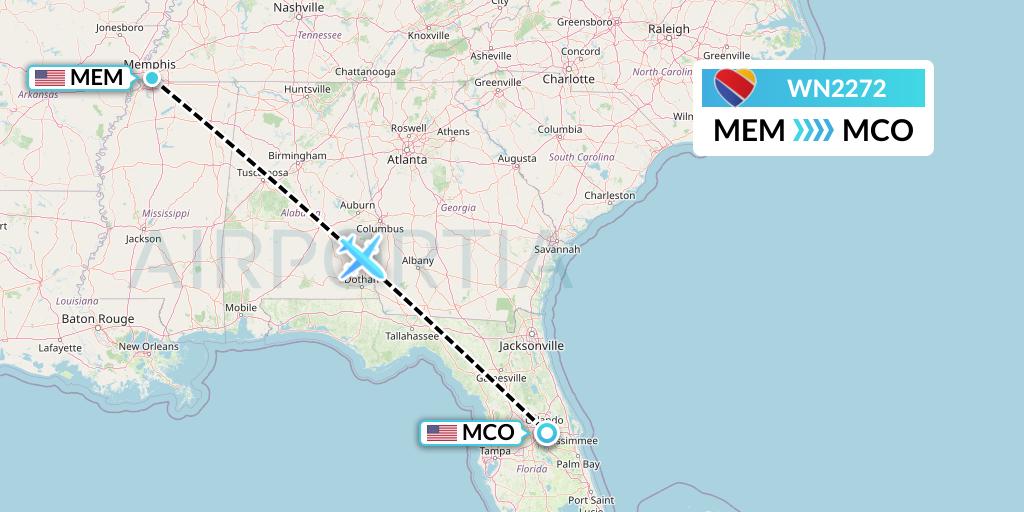 WN2272 Southwest Airlines Flight Map: Memphis to Orlando