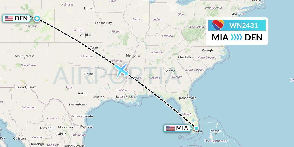 WN2431 Southwest Airlines Flight Map: Miami to Denver