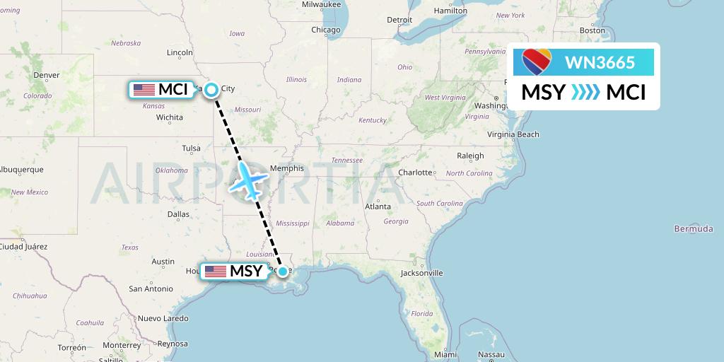 WN3665 Southwest Airlines Flight Map: New Orleans to Kansas City