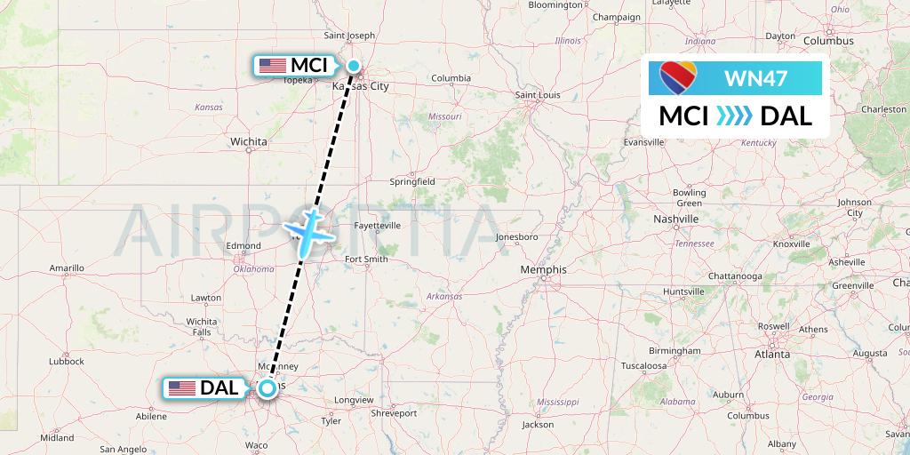 WN47 Southwest Airlines Flight Map: Kansas City to Dallas