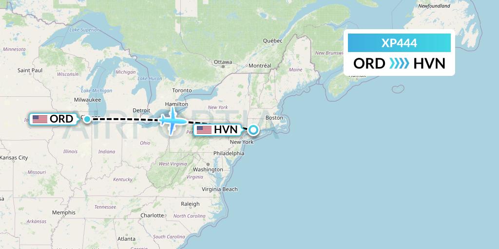 XP444 Avelo Airlines Flight Map: Chicago to New Haven