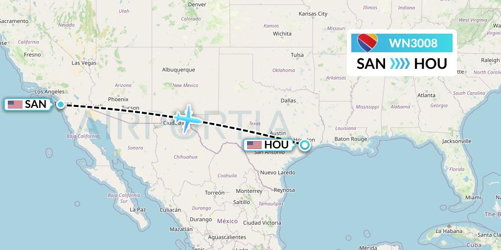 WN3008 Southwest Airlines Flight Map: San Diego to Houston