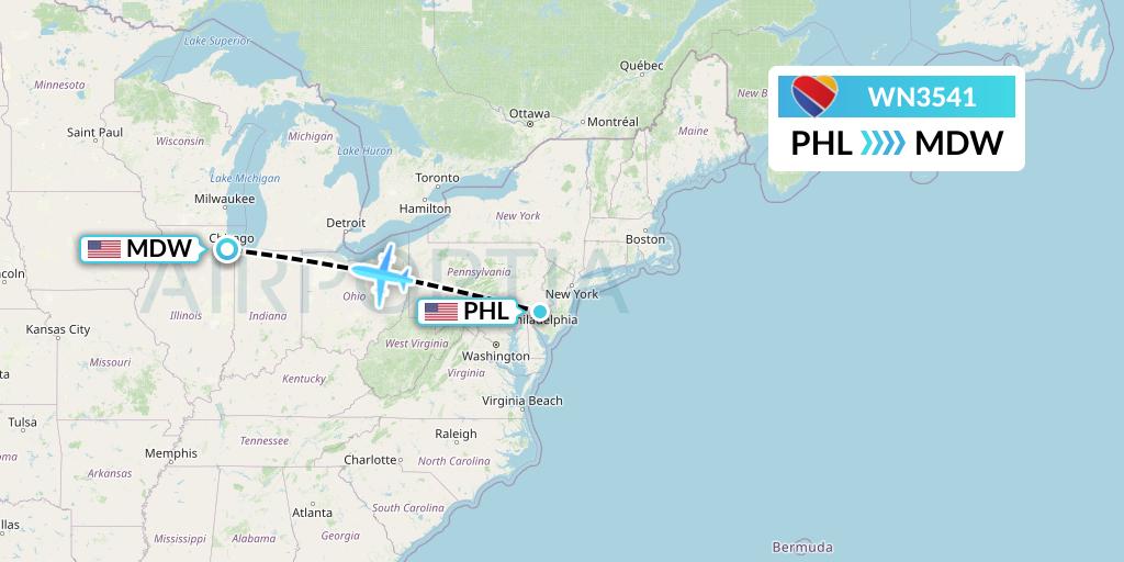 WN3541 Southwest Airlines Flight Map: Philadelphia to Chicago