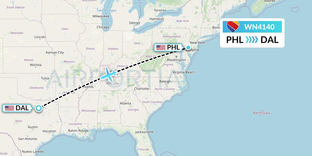 WN4140 Southwest Airlines Flight Map: Philadelphia to Dallas