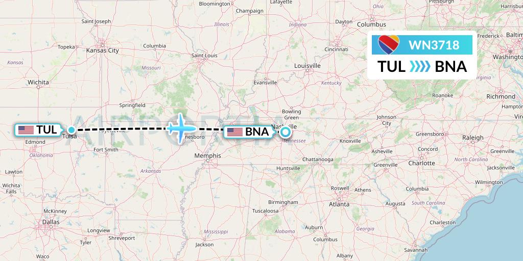 WN3718 Southwest Airlines Flight Map: Tulsa to Nashville