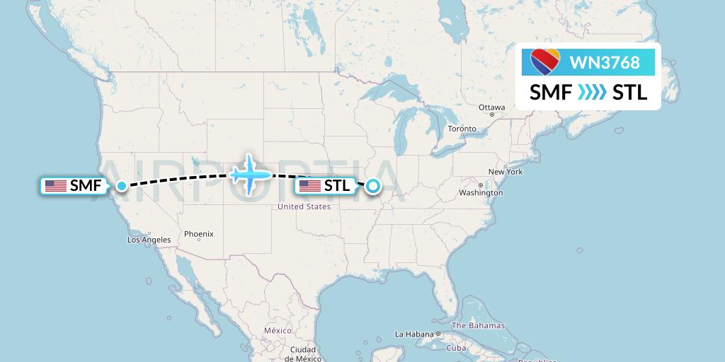WN3768 Southwest Airlines Flight Map: Sacramento to St. Louis