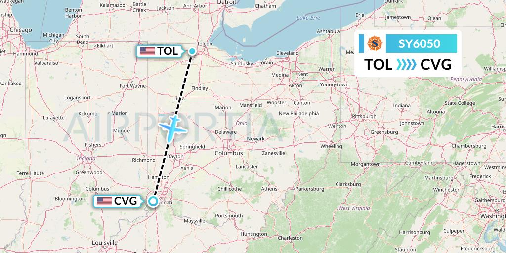 SY6050 Sun Country Airlines Flight Map: Toledo to Cincinnati