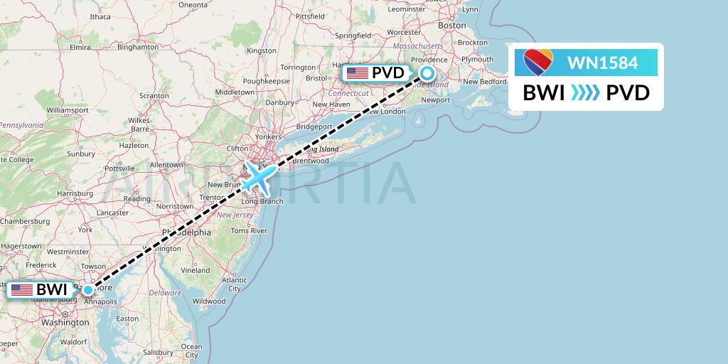 WN1584 Southwest Airlines Flight Map: Baltimore to Providence