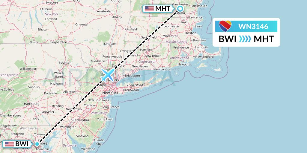 WN3146 Southwest Airlines Flight Map: Baltimore to Manchester