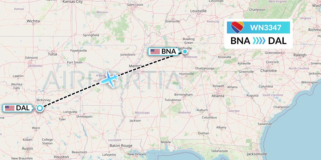 WN3347 Southwest Airlines Flight Map: Nashville to Dallas