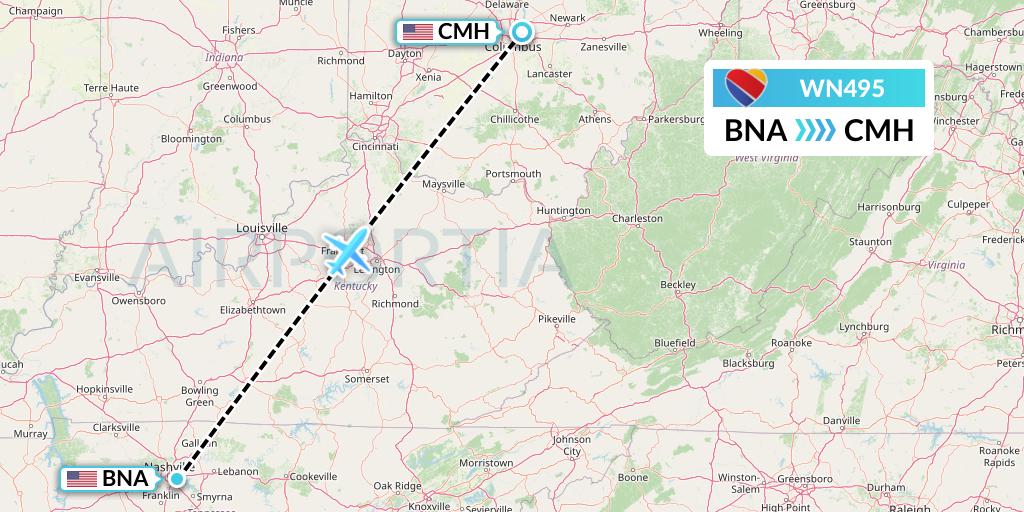 WN495 Southwest Airlines Flight Map: Nashville to Columbus