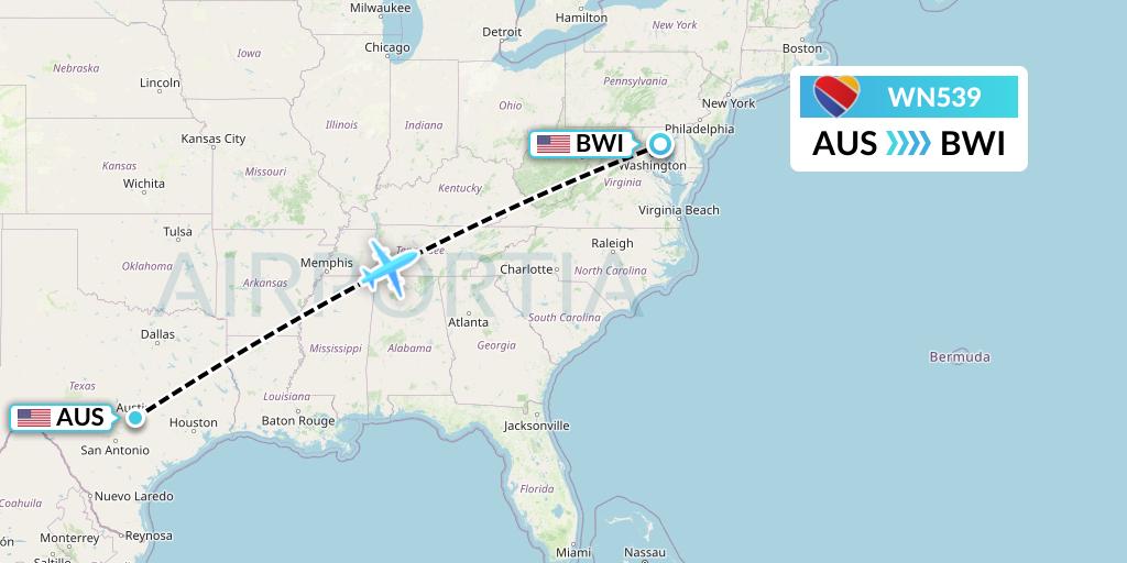 WN539 Southwest Airlines Flight Map: Austin to Baltimore