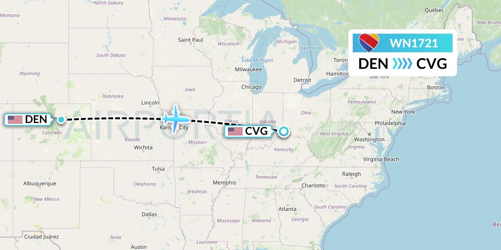 WN1721 Southwest Airlines Flight Map: Denver to Cincinnati