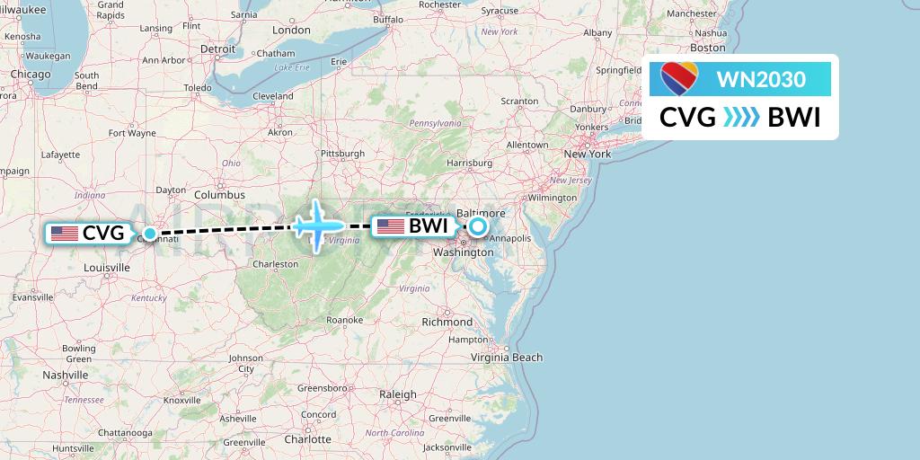 WN2030 Southwest Airlines Flight Map: Cincinnati to Baltimore