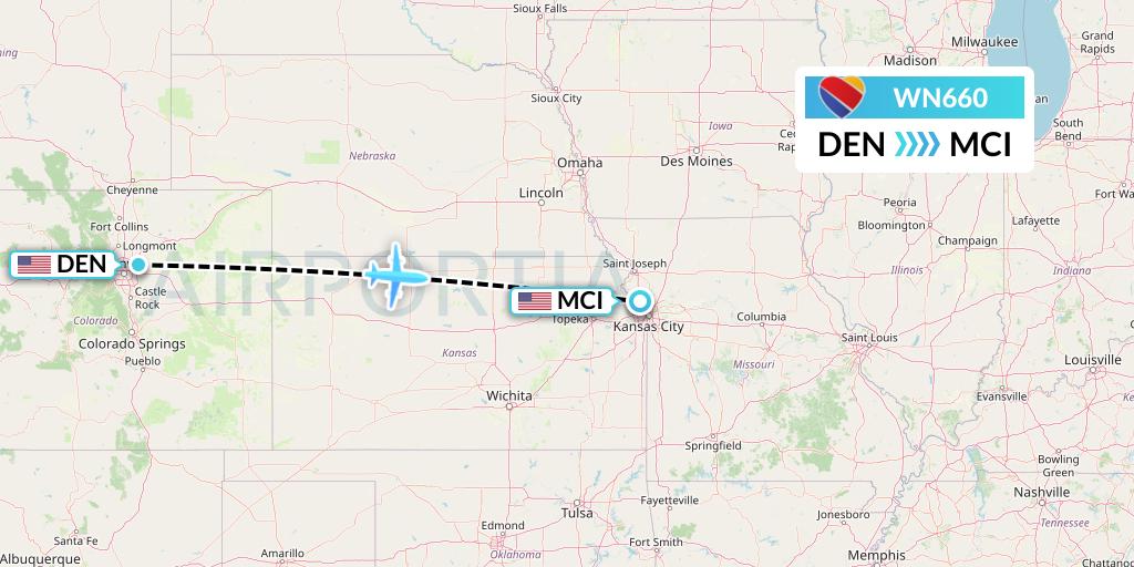 WN660 Southwest Airlines Flight Map: Denver to Kansas City