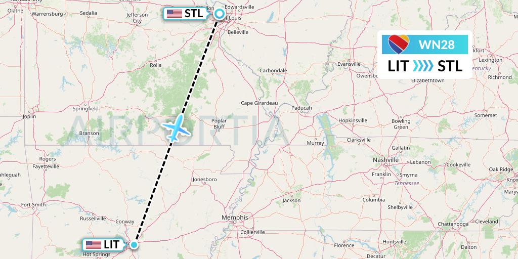 WN28 Southwest Airlines Flight Map: Little Rock to St. Louis