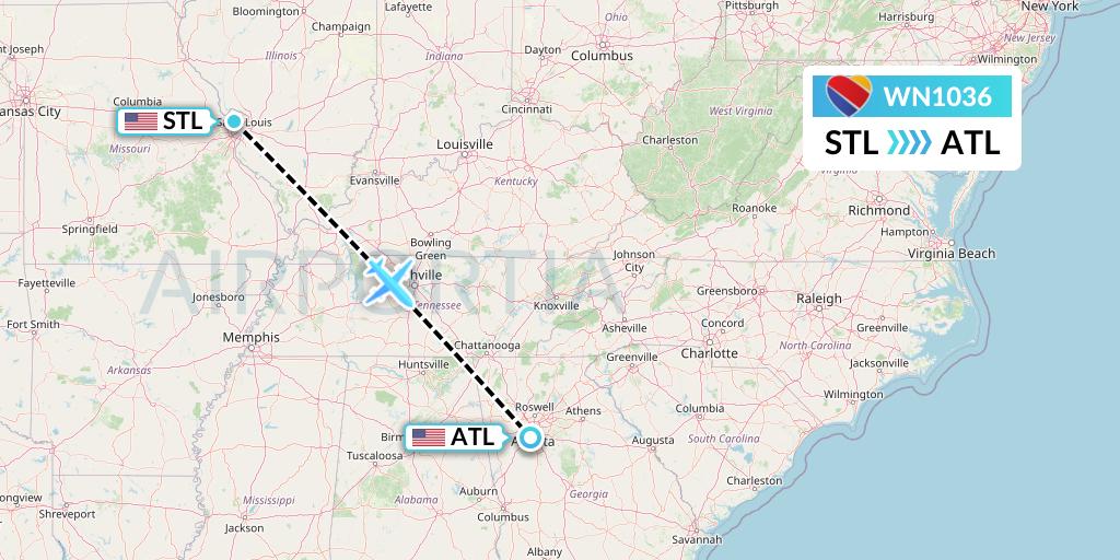 WN1036 Southwest Airlines Flight Map: St. Louis to Atlanta