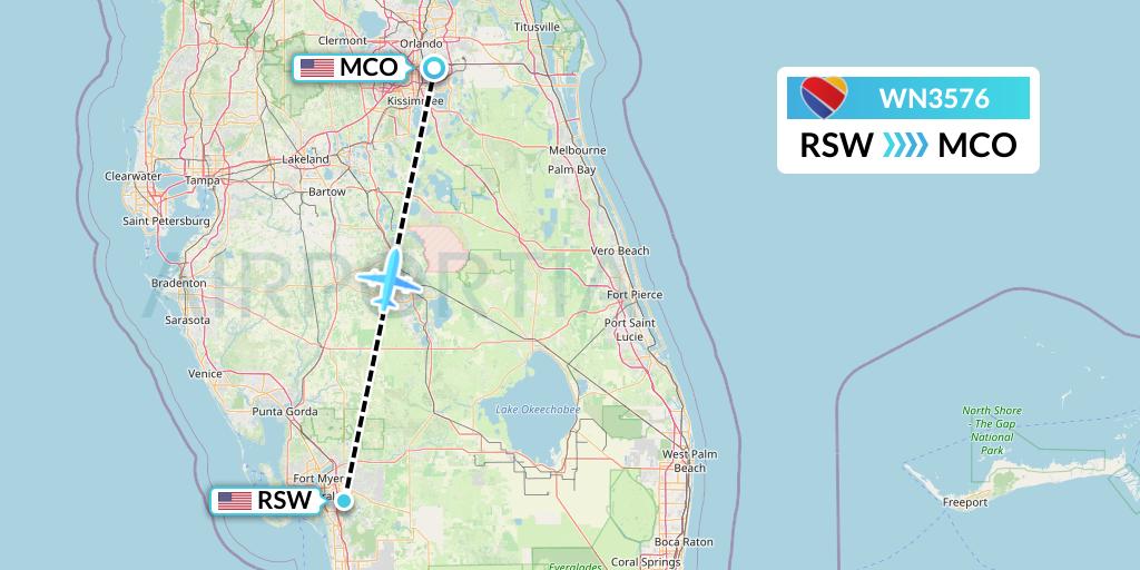 WN3576 Southwest Airlines Flight Map: Fort Myers to Orlando
