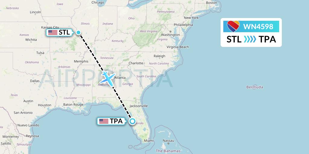 WN4598 Southwest Airlines Flight Map: St. Louis to Tampa