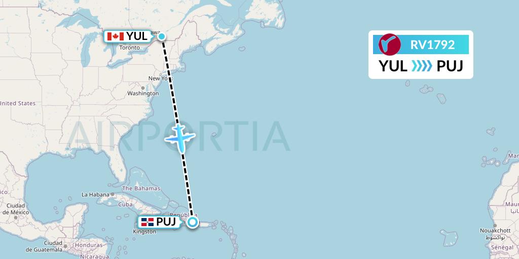RV1792 Air Canada Rouge Flight Map: Montreal to Punta Cana