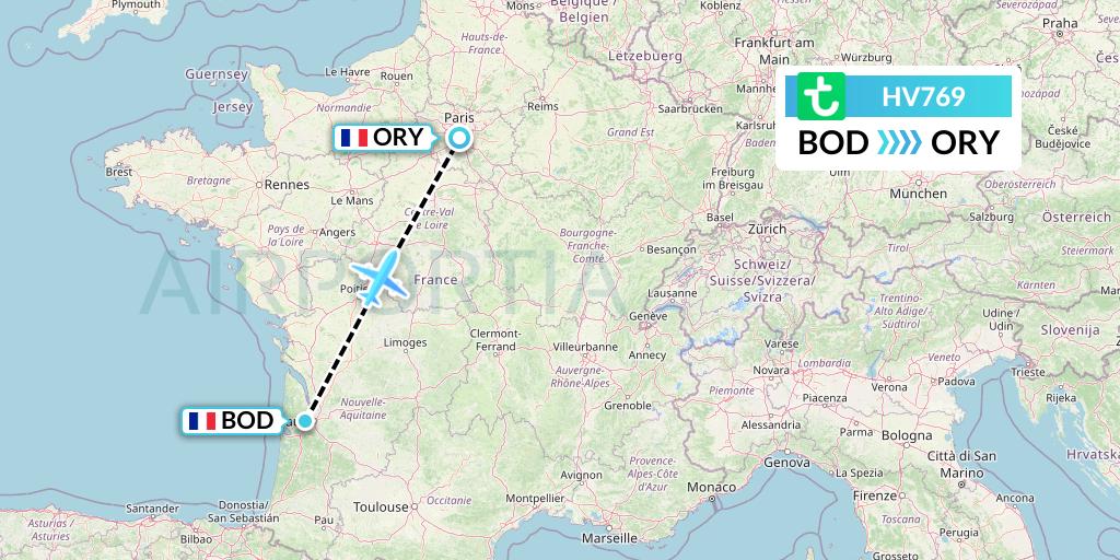 HV769 Transavia Flight Map: Bordeaux to Paris