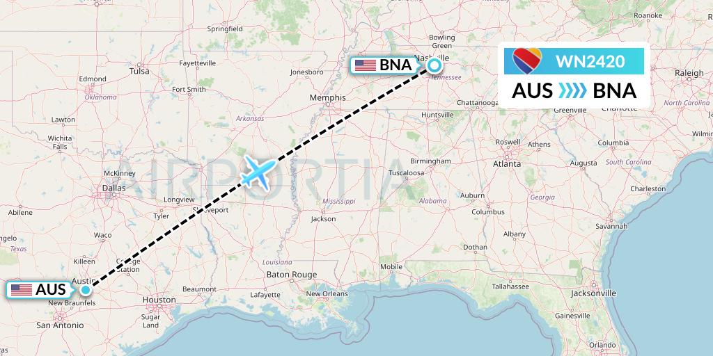 WN2420 Southwest Airlines Flight Map: Austin to Nashville