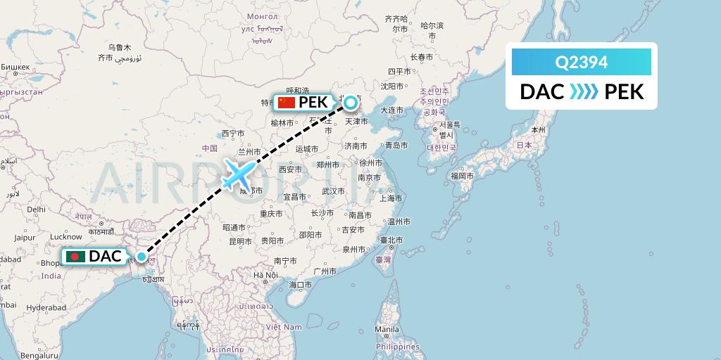 Q2394 Maldivian Flight Map: Dhaka to Beijing