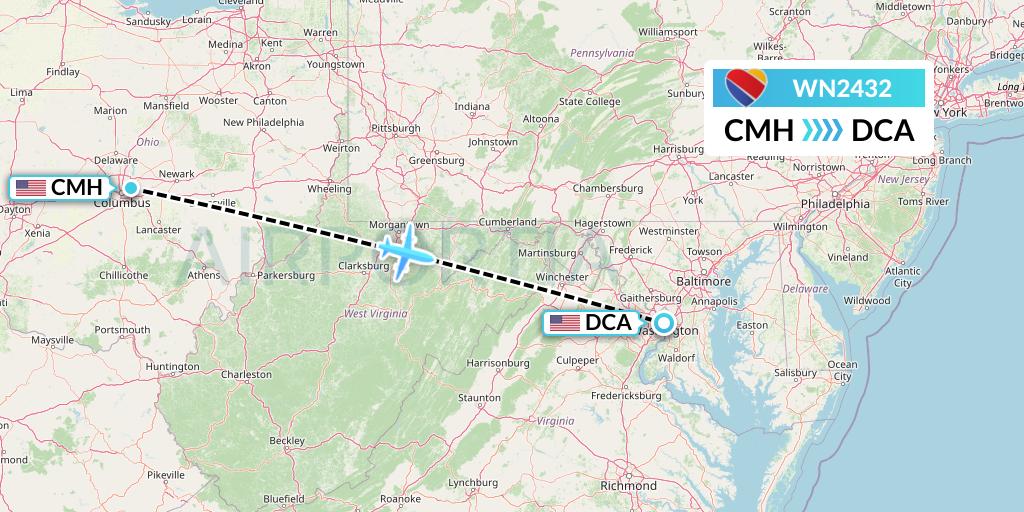 WN2432 Southwest Airlines Flight Map: Columbus to Washington