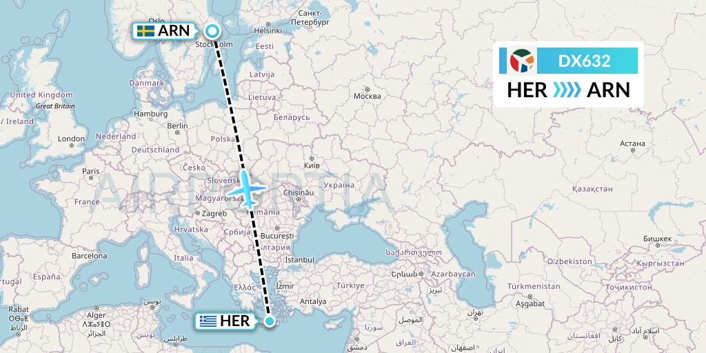 DX632 Danish Air Transport Flight Map: Heraklion to Stockholm