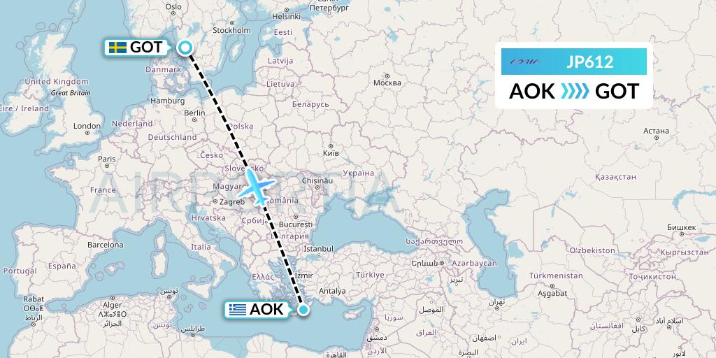 JP612 Adria Airways Flight Map: Karpathos to Gothenburg