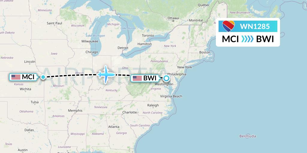 WN1285 Southwest Airlines Flight Map: Kansas City to Baltimore