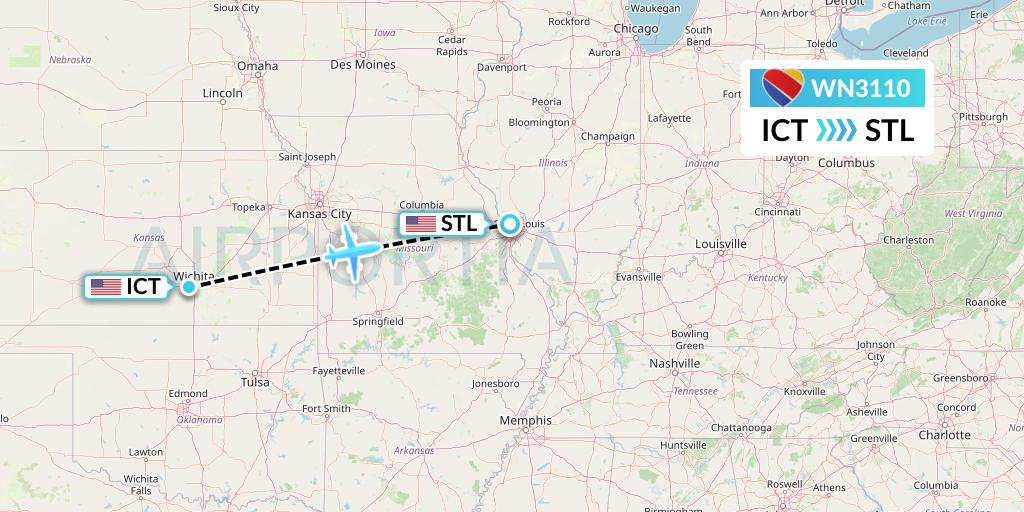 WN3110 Southwest Airlines Flight Map: Wichita to St. Louis