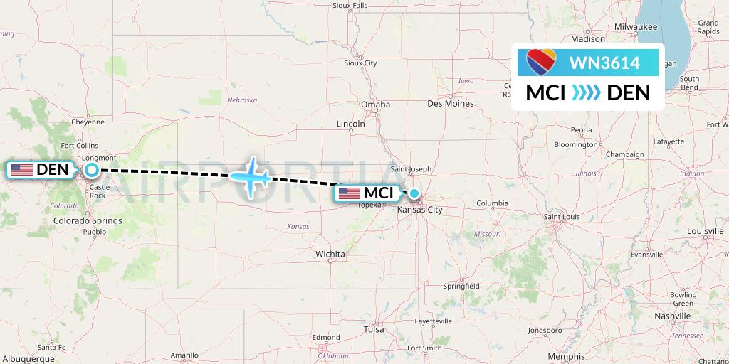 WN3614 Southwest Airlines Flight Map: Kansas City to Denver