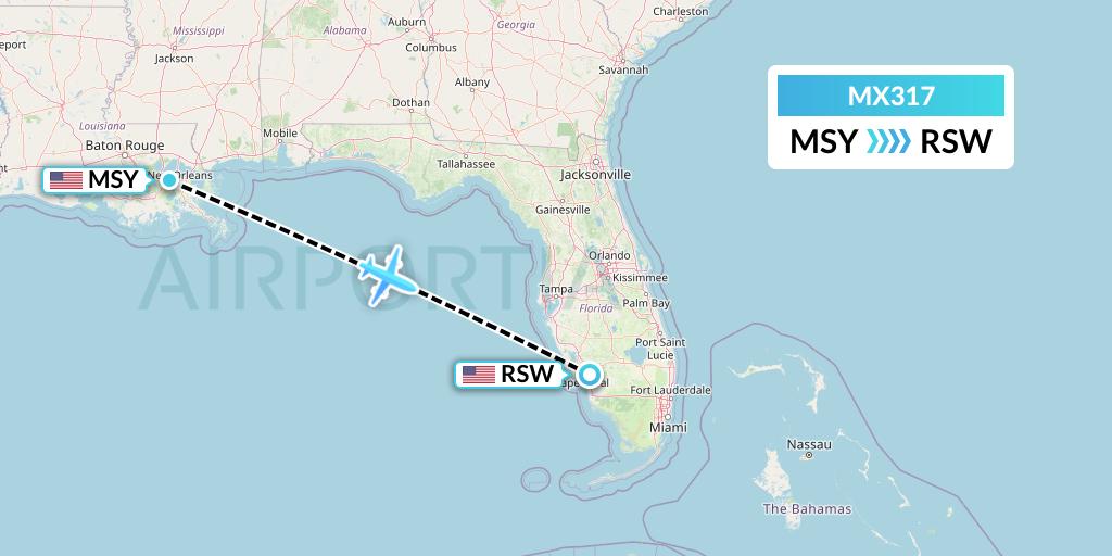 MX317 Breeze Airways Flight Map: New Orleans to Fort Myers