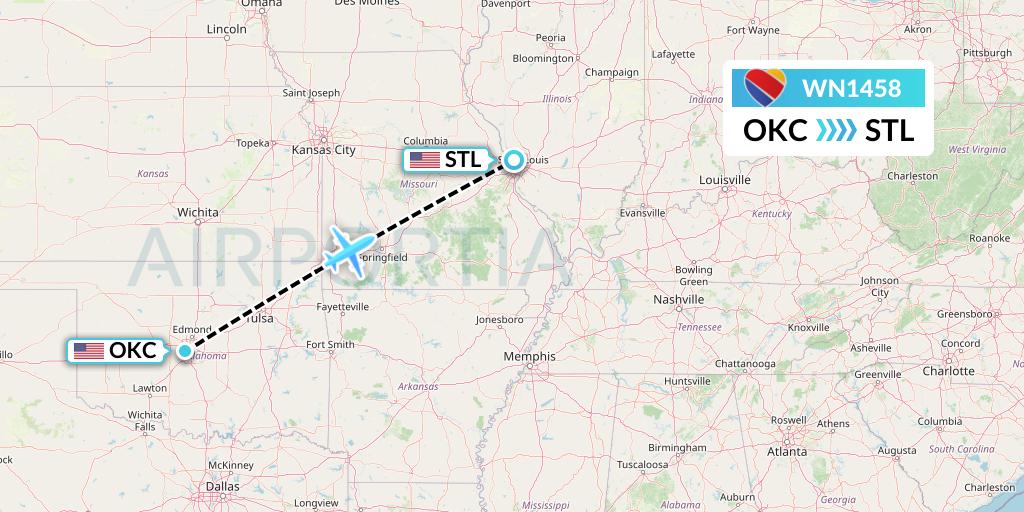 WN1458 Southwest Airlines Flight Map: Oklahoma City to St. Louis