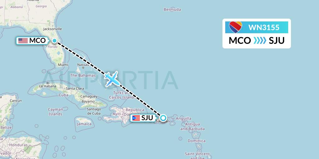 WN3155 Southwest Airlines Flight Map: Orlando to San Juan