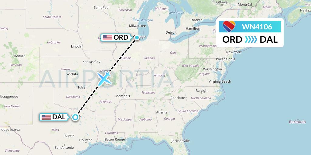 WN4106 Southwest Airlines Flight Map: Chicago to Dallas