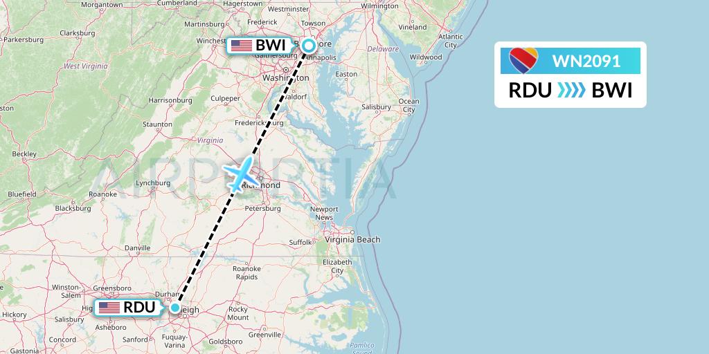 WN2091 Southwest Airlines Flight Map: Raleigh-Durham to Baltimore